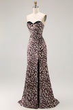 Coffee Leopard Mermaid Sweetheart Corset Long Prom Dress with Slit