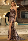 Coffee Leopard Corset Mermaid Sweetheart Long Prom Dress with Slit