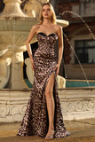 Coffee Leopard Corset Mermaid Sweetheart Long Prom Dress with Slit