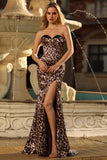 Coffee Leopard Corset Mermaid Sweetheart Long Prom Dress with Slit