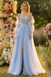 Sparkly Blue A-Line Long Floral Prom Dress with Slit