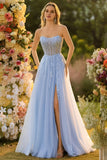Sparkly Blue A-Line Long Floral Prom Dress with Slit