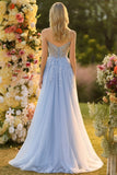 Sparkly Blue A-Line Long Floral Prom Dress with Slit