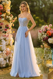 Sparkly Blue A-Line Long Floral Prom Dress with Slit
