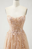 Sparkly Champagne Floral A-Line Long Prom Dress with Slit