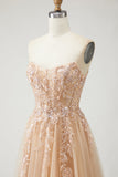 Sparkly Champagne Floral A-Line Long Prom Dress with Slit