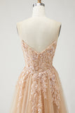 Sparkly Champagne Floral A-Line Long Prom Dress with Slit