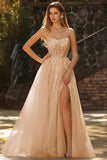 Floral Champagne Sparkly Princess Maxi Prom Dress with Slit