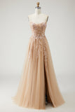 Sparkly Champagne Floral A-Line Long Prom Dress with Slit
