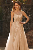 Floral Champagne Sparkly Princess Maxi Prom Dress with Slit