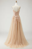 Sparkly Champagne Floral A-Line Long Prom Dress with Slit