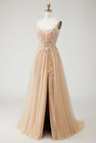 Sparkly Champagne Floral A-Line Long Prom Dress with Slit