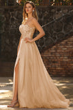 Floral Champagne Sparkly Princess Maxi Prom Dress with Slit