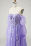 Sparkly Purple Floral Sequins Long Prom Dress with Detachable Sleeves
