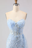 Sparkly Blue Floral Sequin Mermaid Long Corset Prom Dress with Tulle