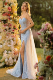 Sparkly Blue Mermaid Sequin Floral Long Corset Prom Dress with Slit