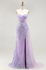 Sparkly Floral Purple Sequin Mermaid Long Corset Prom Dress with Slit