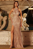 Sparkly Champagne Halter Neck Sequin Maxi Prom Dress with Slit