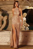 Sparkly Champagne Halter Neck Sequin Maxi Prom Dress with Slit