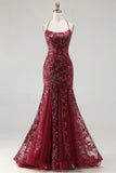 Sparkly Burgundy Mermaid Sequins Floral Long Prom Dress with Beading
