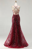 Sparkly Burgundy Mermaid Sequins Floral Long Prom Dress with Beading