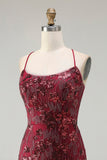 Sparkly Burgundy Mermaid Sequins Floral Long Prom Dress with Beading