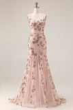 Sparkly Floral Rose Golden Sequins Mermaid Long Prom Dress with Beading