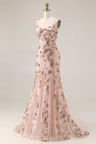 Sparkly Floral Rose Golden Sequins Mermaid Long Prom Dress with Beading