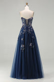 Sparkly Navy A-Line Tulle Long Corset Prom Dress with Sequins
