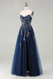 Sparkly Navy A-Line Tulle Long Corset Prom Dress with Sequins