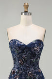 Sparkly Navy A-Line Tulle Long Corset Prom Dress with Sequins
