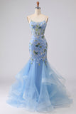 Sparkly Blue Floral Ruffled Spaghetti Straps Appliqued Mermaid Long Corset Prom Dress