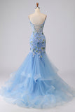 Sparkly Blue Floral Ruffled Spaghetti Straps Appliqued Mermaid Long Corset Prom Dress