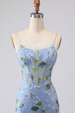Sparkly Blue Floral Ruffled Spaghetti Straps Appliqued Mermaid Long Corset Prom Dress