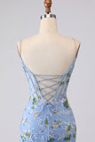 Sparkly Blue Floral Ruffled Spaghetti Straps Appliqued Mermaid Long Corset Prom Dress