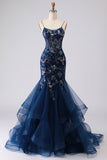 Sparkly Blue Floral Ruffled Spaghetti Straps Appliqued Mermaid Long Corset Prom Dress