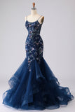 Sparkly Blue Floral Ruffled Spaghetti Straps Appliqued Mermaid Long Corset Prom Dress