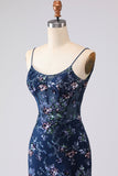 Sparkly Navy Ruffled Floral Appliqued Spaghetti Straps Mermaid Long Corset Prom Dress