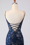 Sparkly Blue Floral Ruffled Spaghetti Straps Appliqued Mermaid Long Corset Prom Dress