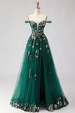 Sparkly Floral Dark Green A Line Tulle Corset Long Prom Dress with Appliques