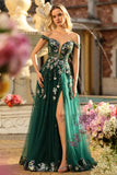 Dark Green Corset Off the Shoulder Long Floral Prom Dress