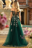 Sparkly Floral Dark Green A Line Tulle Corset Long Prom Dress with Appliques
