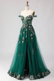 Sparkly Floral Dark Green A Line Tulle Corset Long Prom Dress with Appliques
