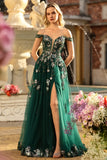 Dark Green Corset Off the Shoulder Long Floral Prom Dress