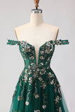 Sparkly Floral Dark Green A Line Tulle Corset Long Prom Dress with Appliques