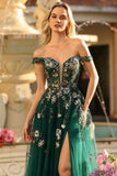Dark Green Corset Off the Shoulder Long Floral Prom Dress