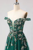 Sparkly Floral Dark Green A Line Tulle Corset Long Prom Dress with Appliques