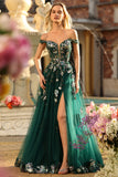 Dark Green Corset Off the Shoulder Long Floral Prom Dress
