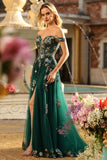 Dark Green Corset Off the Shoulder Long Floral Prom Dress