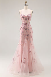 Sparkly Blush Floral Mermaid Corset Maxi Prom Dress